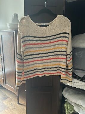 Dex Striped Open-Knit Crewneck Sweater in Cream, Black, Red & Mustard